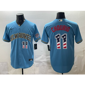 Milwaukee Brewers 11 Jackson Chourio Blue USA 250 Fourth of July Men Jersey