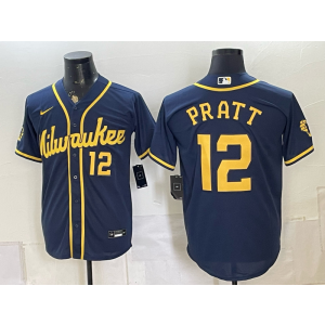 Milwaukee Brewers 12 Pratt Navy Men Jersey