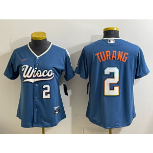 Milwaukee Brewers 2 Brice Turang Blue 2026 City Connect Cool Base Women Jersey Milwaukee Brewers 2 Brice Turang Blue 2026 City Connect Cool Base Women Jersey