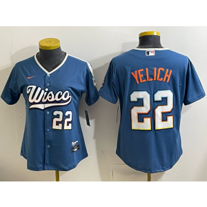 Milwaukee Brewers 22 Christian Yelich Blue 2026 City Connect Cool Base Women Jersey Milwaukee Brewers 22 Christian Yelich Blue 2026 City Connect Cool Base Women Jersey