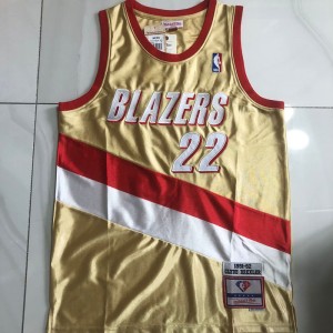NBA Blazers 22 Clyde Drexler Gold Throwback Men Jersey