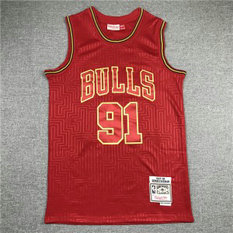 NBA Bulls 91 Dennis Rodman Red Gold Hardwood Classics Men Jersey