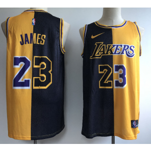 NBA Lakers 23 LeBron James Yellow Black Split Nike Men Jersey NBA Lakers 23 LeBron James Yellow Black Split Nike Men Jersey