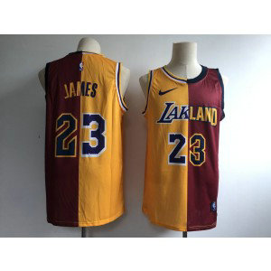 NBA Lakers 23 LeBron James Yellow Red Split Nike Men Jersey NBA Lakers 23 LeBron James Yellow Red Split Nike Men Jersey