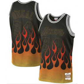 NBA Lakers 34 Shaquille O'Neal Black 1996-97 Hardwood Classics Flames Men Jersey