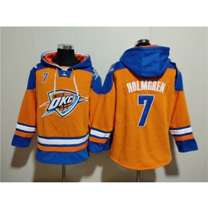 NBA Thunder 7 Chet Holmgren Orange Blue Lace-Up Pullover Hoodie NBA Thunder 7 Chet Holmgren Orange Blue Lace-Up Pullover Hoodie