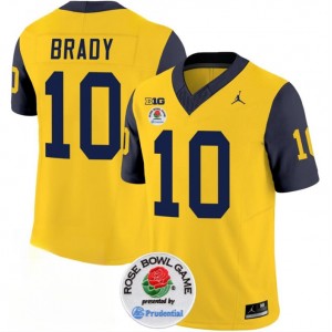 NCAA Wolverines 10 Tom Brady 2023 F.U.S.E. Yellow Navy Rose Bowl Patch Vapor Limited Men Jersey