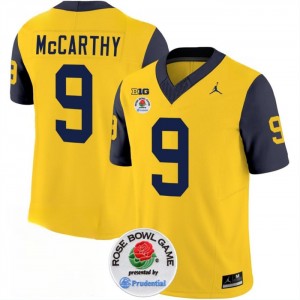 NCAA Wolverines 9 J.J. McCarthy 2023 F.U.S.E. Yellow Navy Rose Bowl Patch Vapor Limited Men Jersey