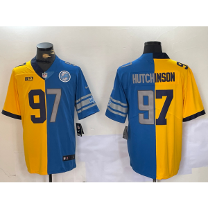 NFL & NCAA Wolverines & Lions 97 Aidan Hutchinson Yellow Blue Split Vapor Limited Men Jersey with Patch