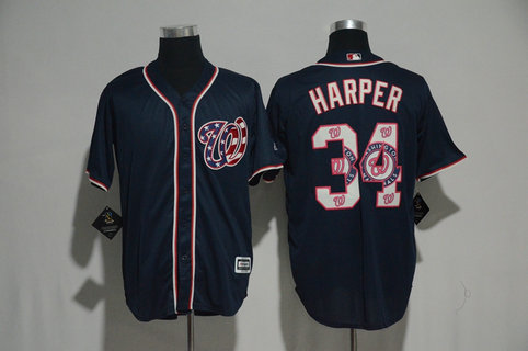 Nationals 34 Bryce Harper Navy Team Logo Print Cool Base Jersey