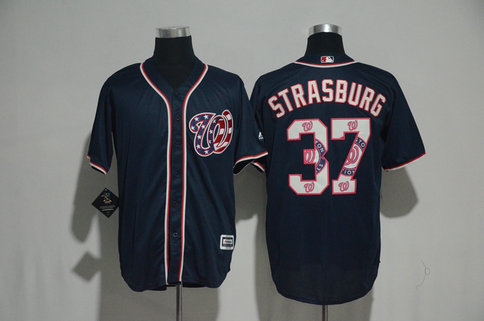 Nationals 37 Stephen Strasburg Navy Team Logo Print Cool Base Jersey