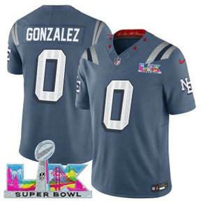 New England Patriots 0 Christian Gonzalez Storm Blue 2026 Super Bowl LX Rivalries F.U.S.E. Vapor Limited Men Jersey