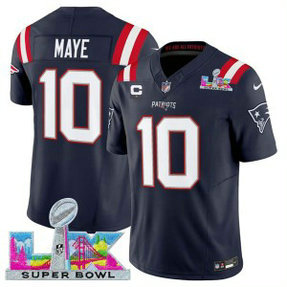 New England Patriots 10 Drake Maye Navy 2026 Super Bowl LX & C Patches F.U.S.E. Vapor Limited Men Jersey