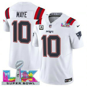 New England Patriots 10 Drake Maye White 2026 Super Bowl LX & C Patches F.U.S.E. Vapor Limited Men Jersey