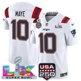 New England Patriots 10 Drake Maye White F.U.S.E. Vapor Limited Men Jersey with 2026 Super Bowl LX & C patch & USA 250 Patches