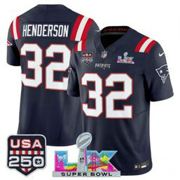 New England Patriots 32 TreVeyon Henderson Navy F.U.S.E. Vapor Limited Men Jersey with 2026 Super Bowl LX & USA 250 Patches