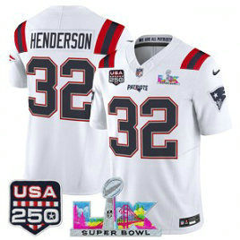 New England Patriots 32 TreVeyon Henderson White F.U.S.E. Vapor Limited Men Jersey with 2026 Super Bowl LX & USA 250 Patches
