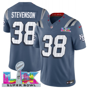 New England Patriots 38 Rhamondre Stevenson Storm Blue 2026 Super Bowl LX Rivalries F.U.S.E. Vapor Limited Men Jersey