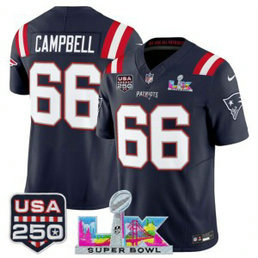 New England Patriots 66 Will Campbell Navy F.U.S.E. Vapor Limited Men Jersey with 2026 Super Bowl LX & USA 250 Patches