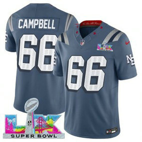 New England Patriots 66 Will Campbell Storm Blue 2026 Super Bowl LX Rivalries F.U.S.E. Vapor Limited Men Jersey