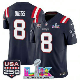 New England Patriots 8 Stefon Diggs Navy F.U.S.E. Vapor Limited Men Jersey with 2026 Super Bowl LX & USA 250 Patches
