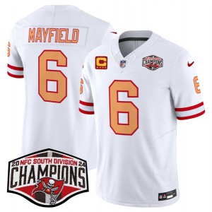 Nike Buccaneers 6 Baker Mayfield White 2024 NFC South Division Champions F.U.S.E. Vapor Limited Men Jersey with C Patch Nike Buccaneers 6 Baker Mayfield White 2024 NFC South Division Champions F.U.S.E. Vapor Limited Men Jersey with C Patch