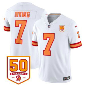 Nike Buccaneers 7 Bucky Irving White F.U.S.E. Vapor Limited Men Jersey with 50th Anniversary Patch Nike Buccaneers 7 Bucky Irving White F.U.S.E. Vapor Limited Men Jersey with 50th Anniversary Patch