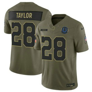 Nike Colts 28 Jonathan Taylor Olive 2025 Salute to Service F.U.S.E. Vapor Limited Men Jersey
