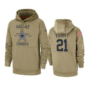Nike Dallas Cowboys 21 Ezekiel Elliott Tan 2019 Salute to Service Sideline Therma Pullover Hoodie