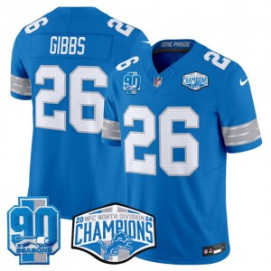 Nike Lions 26 Jahmyr Gibbs Blue 2024 NFC North Champions 90th Anniversary Patch F.U.S.E. Vapor Limited Men Jersey Nike Lions 26 Jahmyr Gibbs Blue 2024 NFC North Champions 90th Anniversary Patch F.U.S.E. Vapor Limited Men Jersey