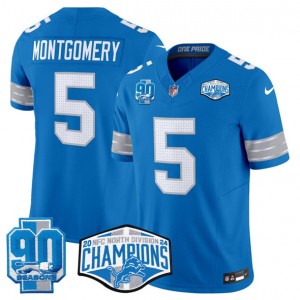 Nike Lions 5 David Montgomery Blue 2024 NFC North Champions 90th Anniversary Patch F.U.S.E. Vapor Limited Men Jersey Nike Lions 5 David Montgomery Blue 2024 NFC North Champions 90th Anniversary Patch F.U.S.E. Vapor Limited Men Jersey