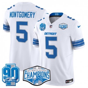 Nike Lions 5 David Montgomery White 2024 NFC North Champions 90th Anniversary Patch F.U.S.E. Vapor Limited Men Jersey Nike Lions 5 David Montgomery White 2024 NFC North Champions 90th Anniversary Patch F.U.S.E. Vapor Limited Men Jersey