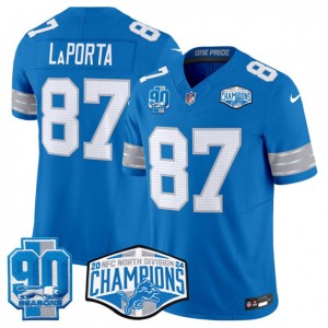 Nike Lions 87 Sam LaPorta Blue 2024 NFC North Champions 90th Anniversary Patch F.U.S.E. Vapor Limited Men Jersey Nike Lions 87 Sam LaPorta Blue 2024 NFC North Champions 90th Anniversary Patch F.U.S.E. Vapor Limited Men Jersey