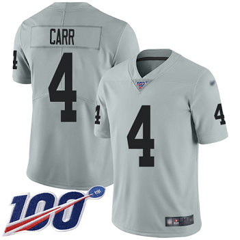 Nike Raiders #4 Derek Carr Silver Men's Stitched NFL Limited Inverted Legend 100th Season Jersey Nike Raiders #4 Derek Carr Silver Men's Stitched NFL Limited Inverted Legend 100th Season Jersey