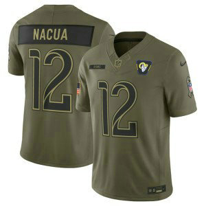 Nike Rams 12 Puka Nacua Olive 2025 Salute to Service F.U.S.E. Vapor Limited Men Jersey