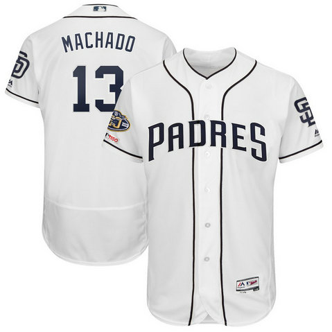 Padres 13 Manny Machado White 50th Anniversary And 150th Patch FlexBase Jersey Padres 13 Manny Machado White 50th Anniversary And 150th Patch FlexBase Jersey