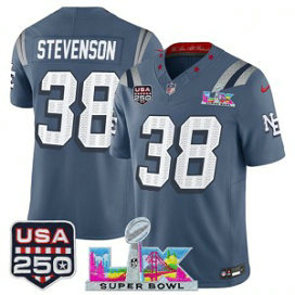 Patriots 38 Rhamondre Stevenson Blue Rivalries F.U.S.E. Vapor Limited Men Jersey with 2026 Super Bowl LX & USA 250 Patches