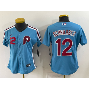 Philadelphia Phillies 12 Schwarber Blue Cool Base Women Jersey