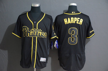Phillies 3 Bryce Harper Black Gold Flexbase Jersey Phillies 3 Bryce Harper Black Gold Flexbase Jersey