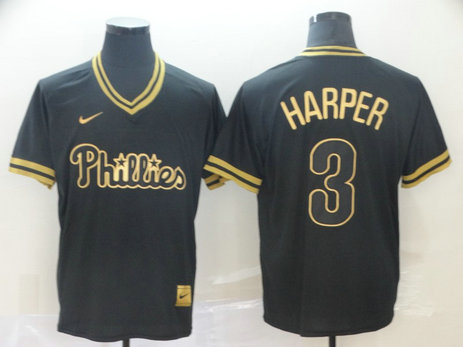 Phillies 3 Bryce Harper Black Gold Nike Cooperstown Collection Legend V Neck Jersey Phillies 3 Bryce Harper Black Gold Nike Cooperstown Collection Legend V Neck Jersey
