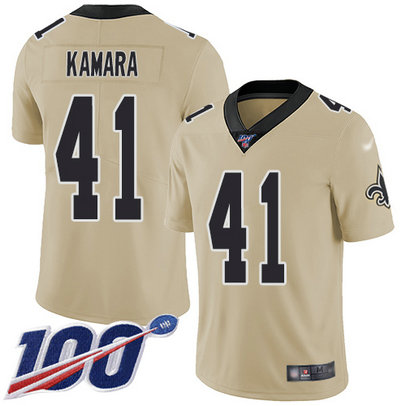 Saints #41 Alvin Kamara Gold Men's Stitched Football Limited Inverted Legend 100th Season Jersey