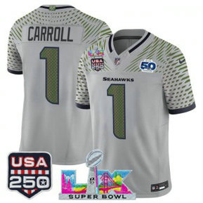 Seattle Seahawks 1 Pete Carroll Gray Rivalries F.U.S.E. Vapor Limited Men Jersey with 2026 Super Bowl LX & 50th & USA 250 Patches