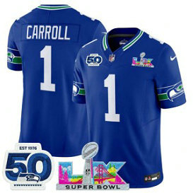 Seattle Seahawks 1 Pete Carroll Royal 2026 Super Bowl LX & 50th Patches F.U.S.E. Vapor Limited Men Jersey