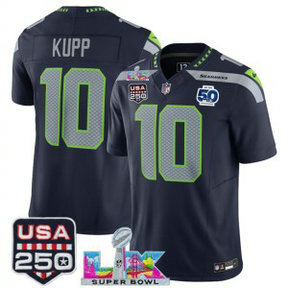 Seattle Seahawks 10 Cooper Kupp Navy F.U.S.E. Vapor Limited Men Jersey with 2026 Super Bowl LX & 50th & USA 250 Patches