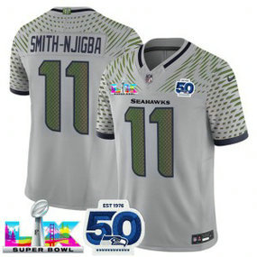 Seattle Seahawks 11 Jaxon Smith-Njigba Gray 2026 Super Bowl LX & 50th Patches Rivalries F.U.S.E. Vapor Limited Men Jersey