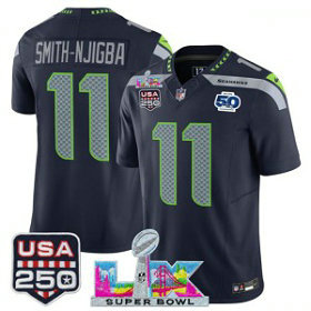 Seattle Seahawks 11 Jaxon Smith-Njigba Navy F.U.S.E. Vapor Limited Men Jersey with 2026 Super Bowl LX & 50th & USA 250 Patches