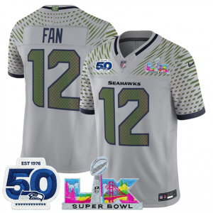 Seattle Seahawks 12 Fan Gray 2026 Super Bowl LX & 50th Patches Rivalries F.U.S.E. Vapor Limited Men Jersey