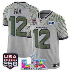 Seattle Seahawks 12 Fan Gray Rivalries F.U.S.E. Vapor Limited Men Jersey with 2026 Super Bowl LX & 50th & USA 250 Patches