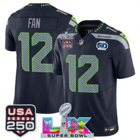Seattle Seahawks 12 Fan Navy F.U.S.E. Vapor Limited Men Jersey with 2026 Super Bowl LX & 50th & USA 250 Patches