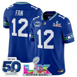 Seattle Seahawks 12 Fan Royal 2026 Super Bowl LX & 50th Patches F.U.S.E. Vapor Limited Men Jersey